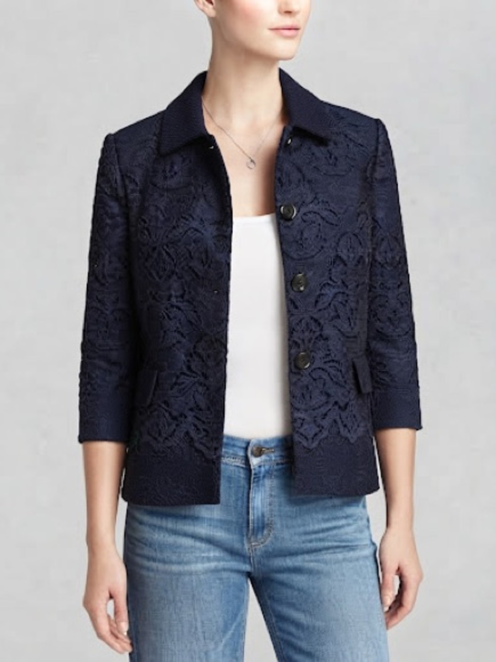 Ann Taylor Navy Blue Lace Blazer Women Size 8